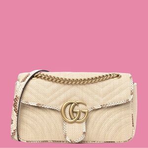 Gucci Raffia Elaphe Matelasse Small GG Marmont Shoulder Bag Natural Cream Brown